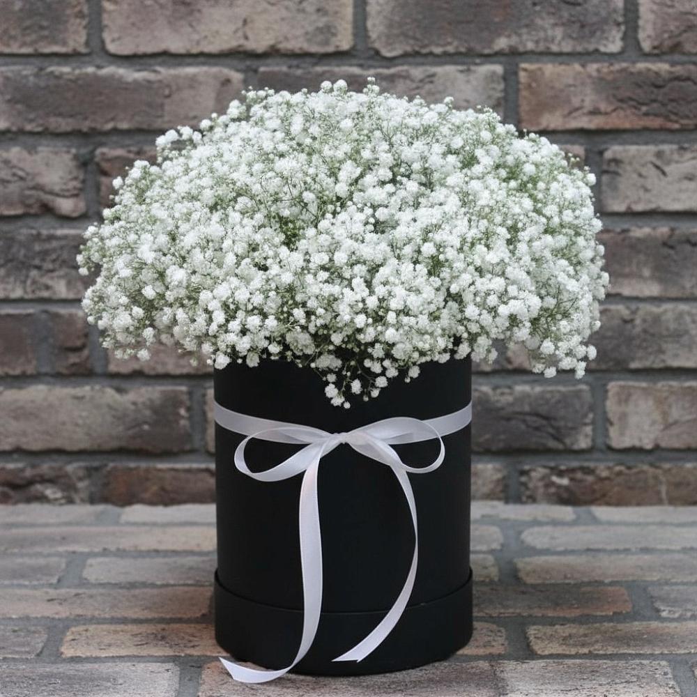 Цветочная композиция из Гипсофила в шляпной коробке в Кохме