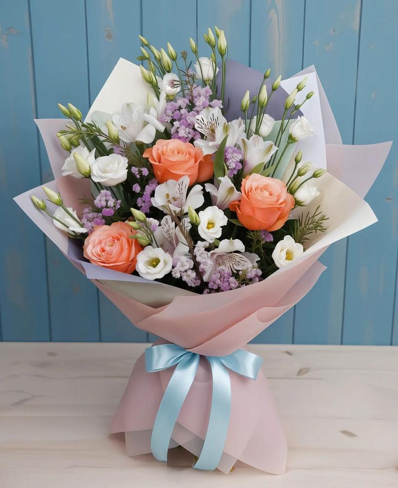 Букет цветов из: Лизиантусы, Розы, Альстромерии и Гипсофила в Кохме