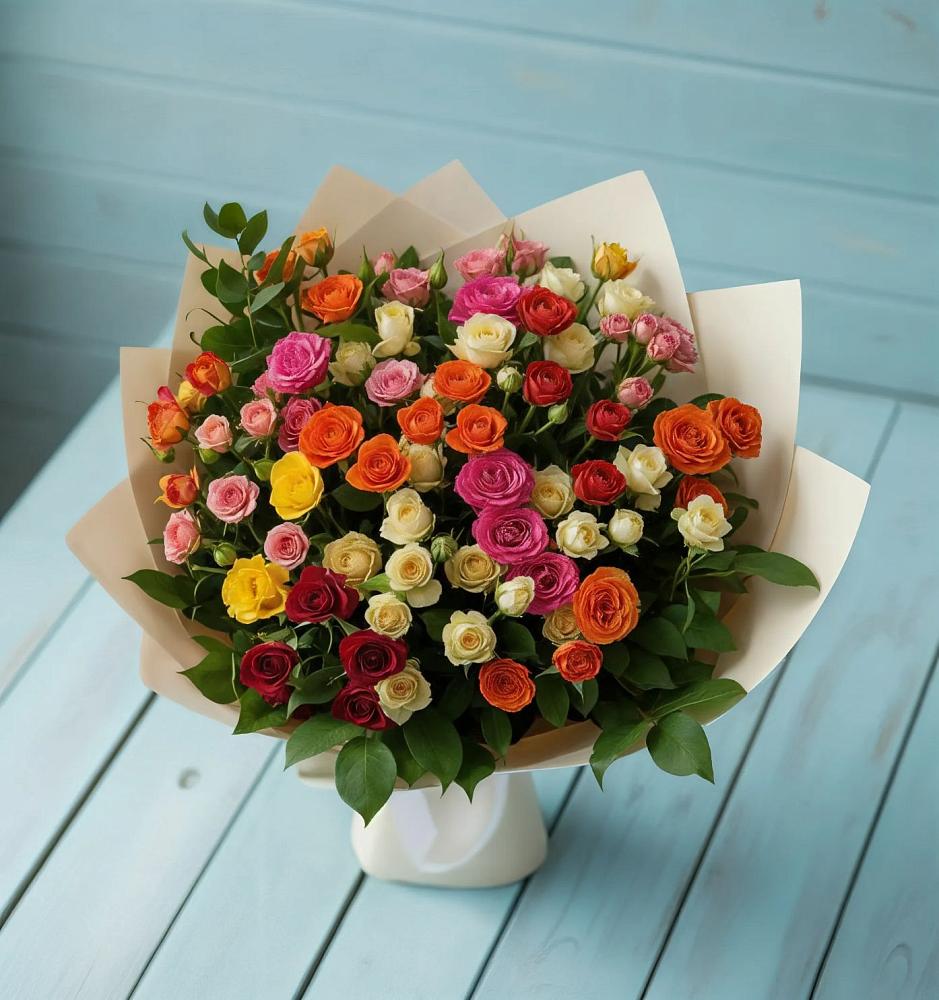 Букет Микс из разноцветных кустовых роз в Кохме
