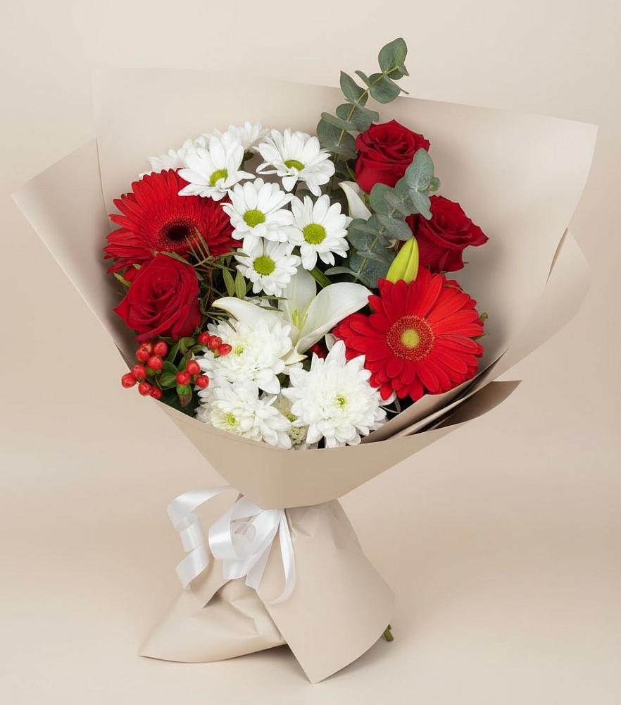 Букет цветов из: Розы, Хризантемы, Герберы и Лилии в Кохме
